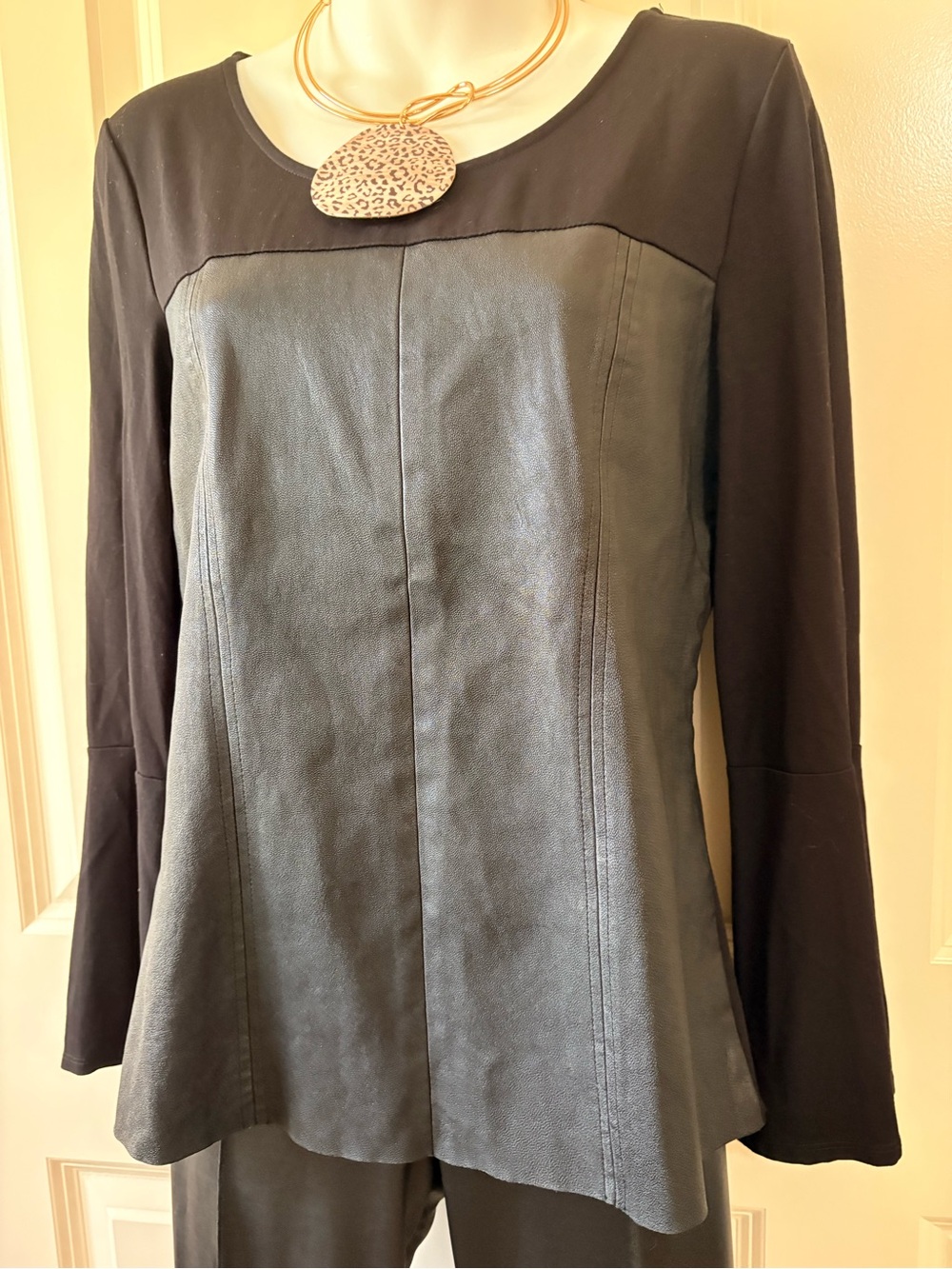 Black Faux-Leather Panel Long Sleeve Women's Dress Top, size s/m
